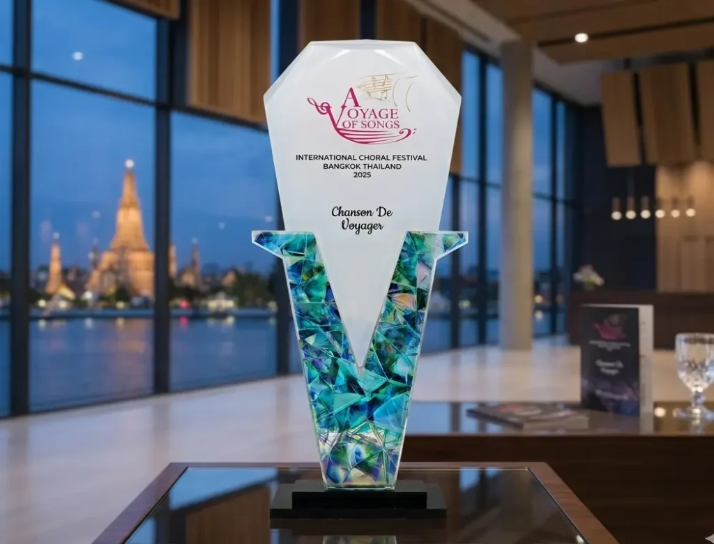 chanson de vovager layered acrylic trophy is 20cm height and 13cm width. This is consider the budgeted version trophy.