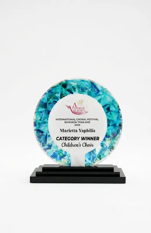 chanson de vovager layered acrylic trophy front view. We can make any design using layered acrylic style for any clients.