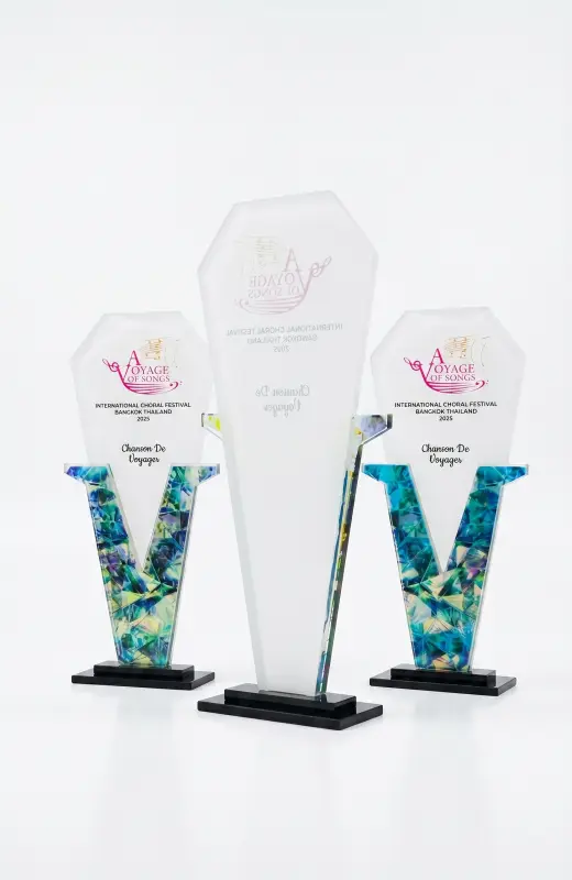the back view of chanson de vovager layered acrylic trophy. You can see that the UV print is done on the reversed side.