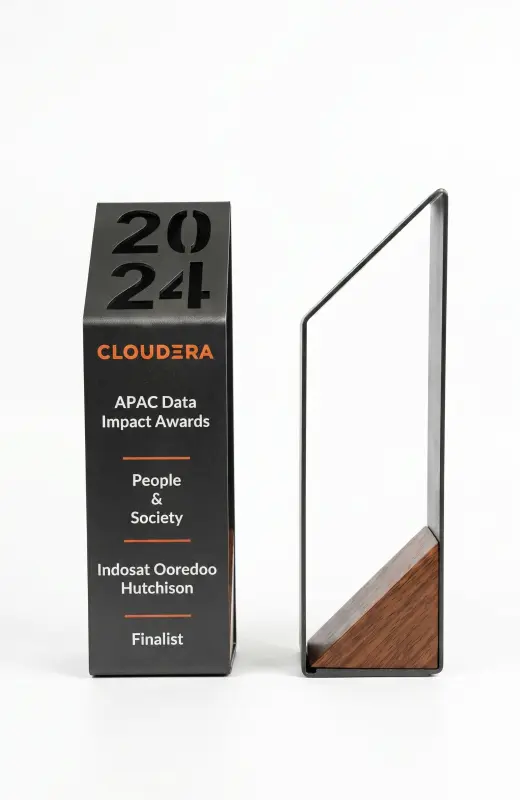 cloudera metal frame trophy. The front and side view. The simplistic design is popular with many clients. If you have similar design with metal frame, we can custom make as well.