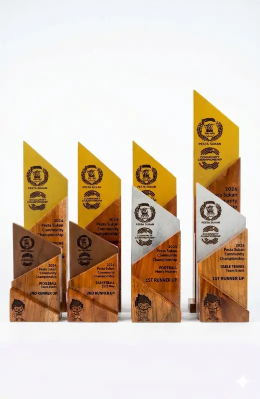 pinnacle style layered wood trophy with 4 sizes. bronze, silver, gold and tall gold. We can deliver to Singapore, Malaysia and Indonesia