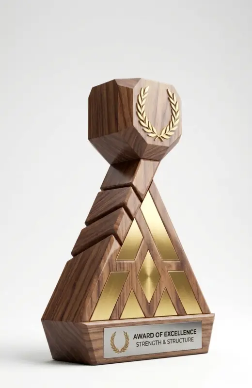 angle view of wood trophy apex with a top cubic. logo or any design can be laser engrave, infill with metal, or uv printed.