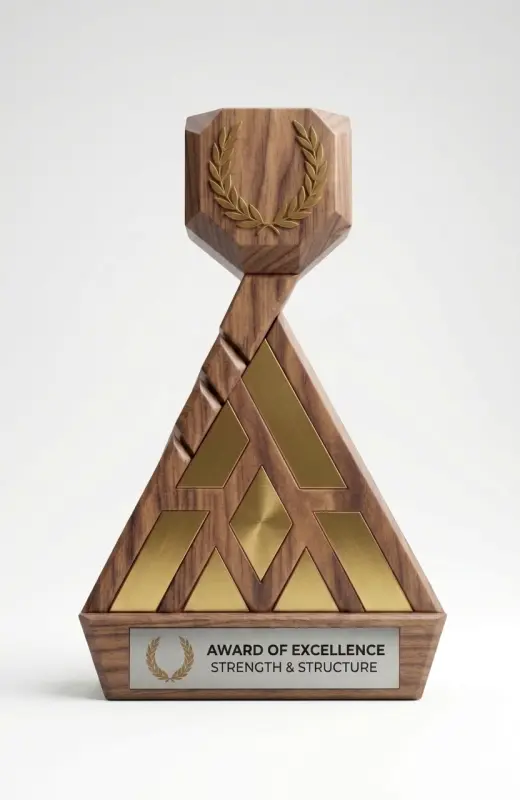wood trophy apex. it is outer symmetically and the placement of sheet metal is done with intention to enhance the feature. AI generated based on our see idea. We can quickly do any trophy and plaque design based on your idea.