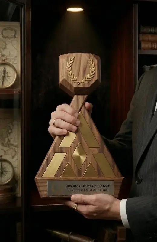wood trophy with additional metal plate on the body to enhance the feature of the overall design. We can custom design the metal plate.