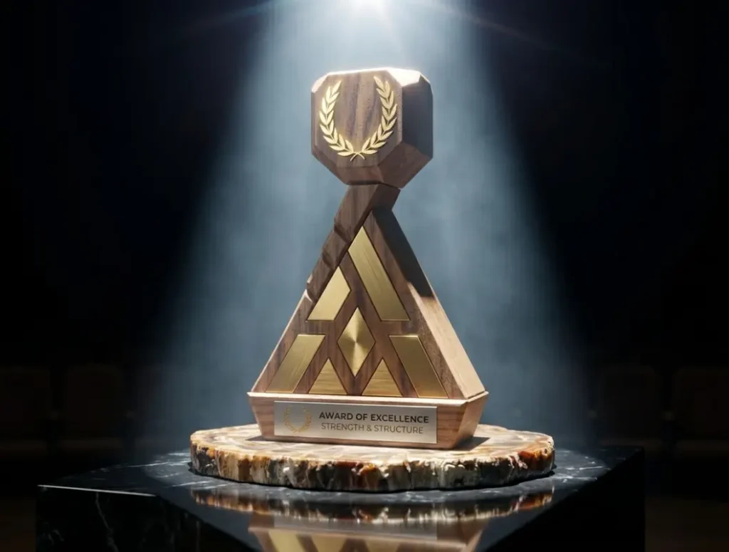 wood trophy apex is designed with sketched and translate to realism using AI. even though it is not produced yet, we are able to produce this.