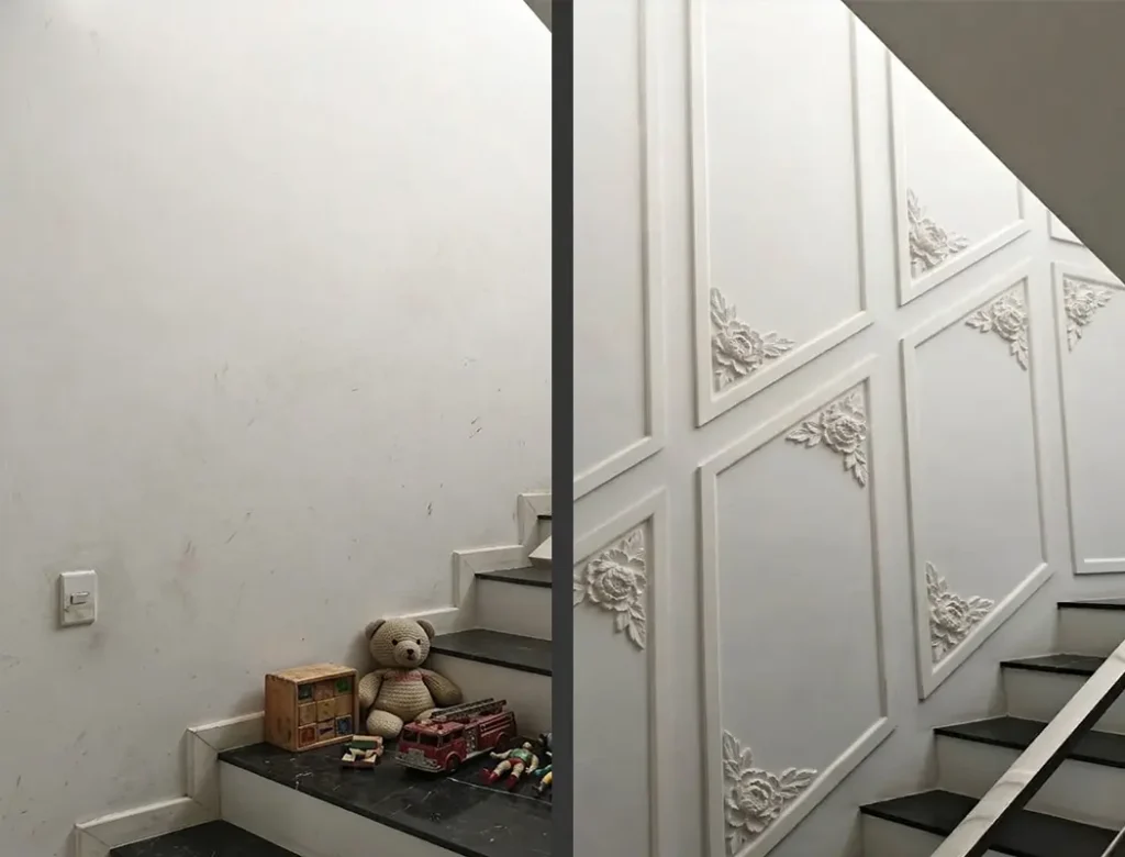 This photo shows you before and after adding wall decor 3d print peony onlay. It enhance the energy of the interior.