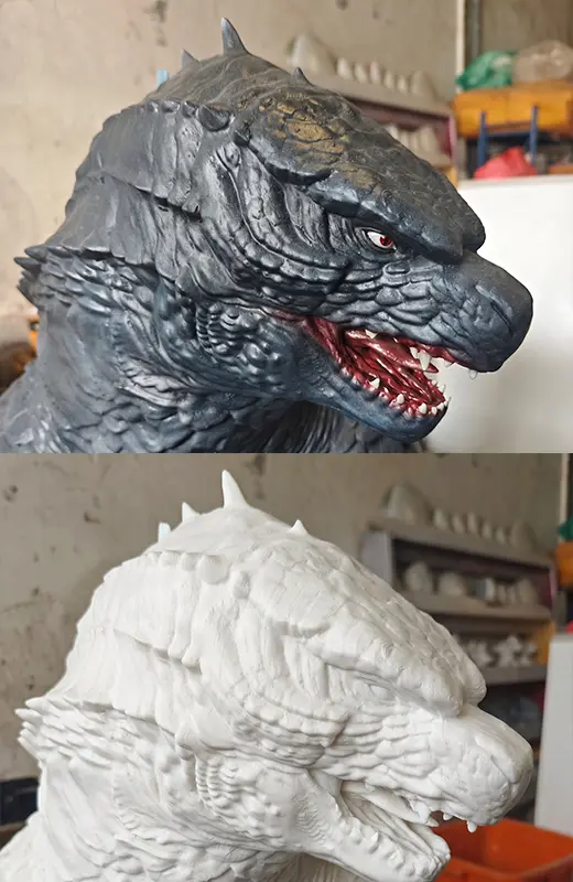 3d print godzilla sculpture is done with FDM technique and we apply fiberglass and painting to reach its final look.