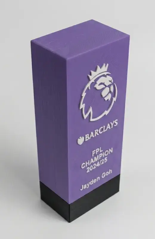 fpl 3d print trophy. We can also custom make any design using fdm 3d printer for you.