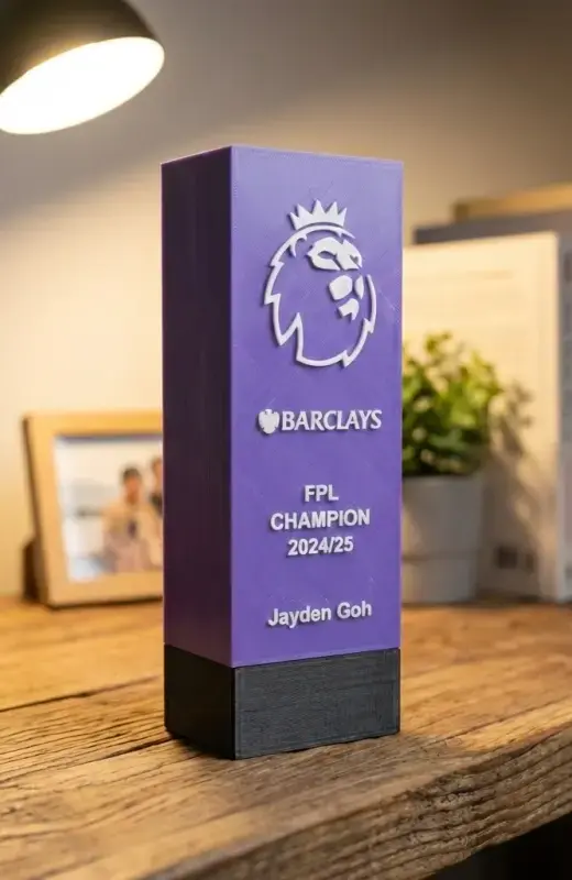 fpl 3d print trophy sitting on the table. the size is 25x8x6cm. Share with us your custom trophy and plaque design, even for FDM print.