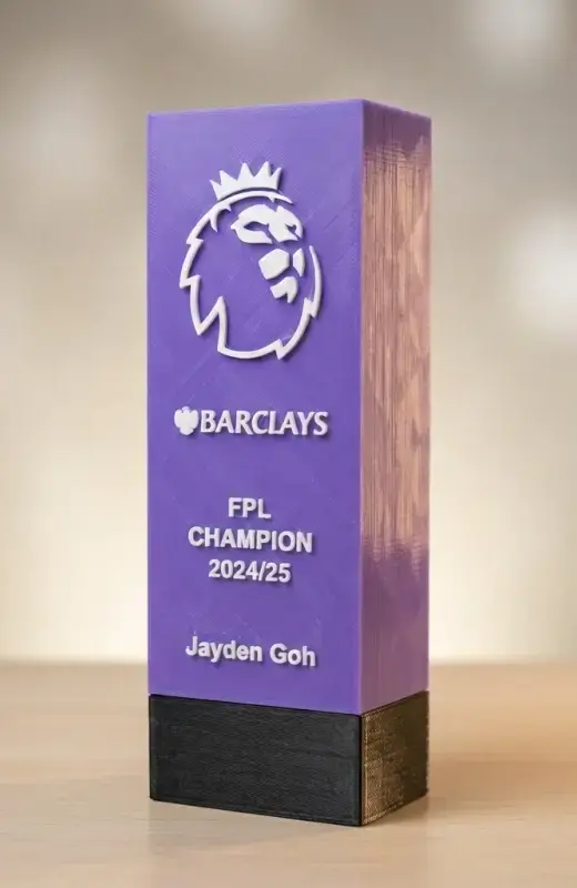 fpl 3d print trophy with top purple colour and base black colour. This is done by multiprint technique using our muticolour 3d printer.