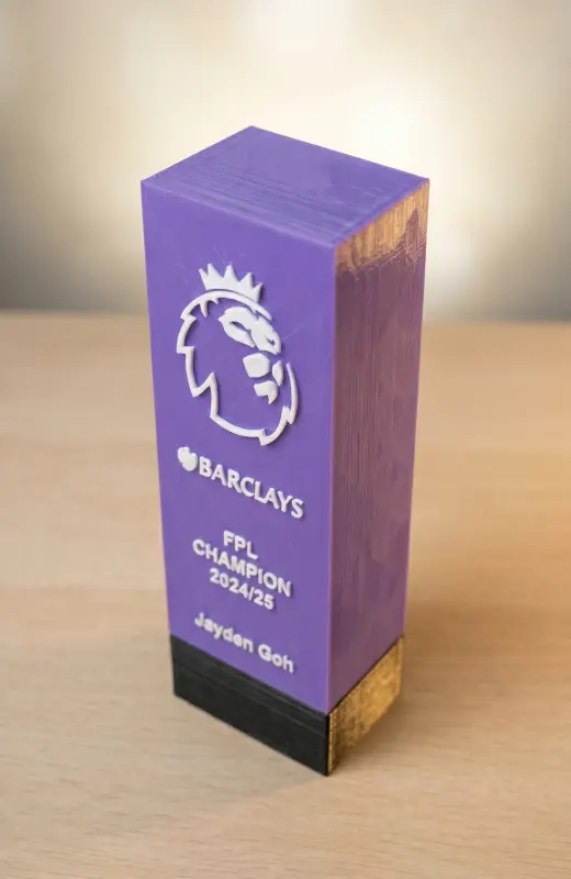 fpl 3d print trophy is made of FDM 3d print. It is made of PETG material for durability and strength.