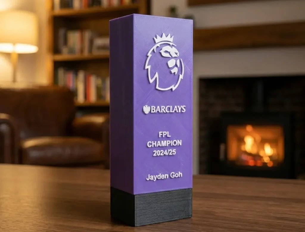 fpl 3d print trophy for the winner. Do you want budget version of 3d print? We can deliver to singapore, malaysia and Indonesia.