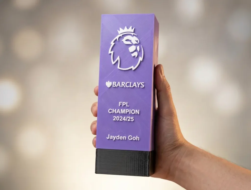 fpl 3d print trophy nicely held in hand with added weight to increase the trophy perceived value.