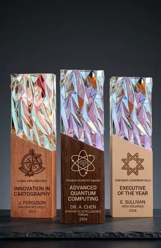 luminar crystal trophy gives of prismatic light effect. This is new trophy design that comes with wooden base.