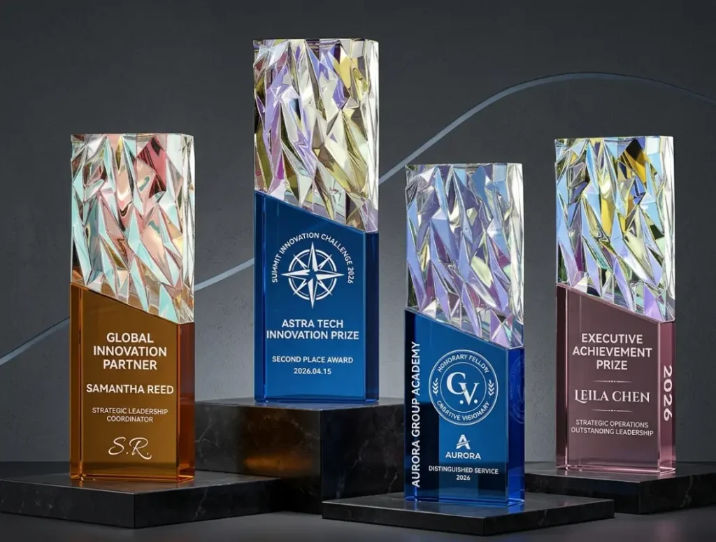 luminar crystal trophy is unique with prismatic light effect on the top. This is new design.