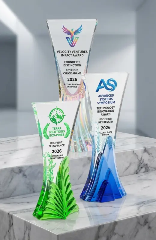 zenith flare crystal trophy with available pattern such as star, mountain, leaf and waterfall.