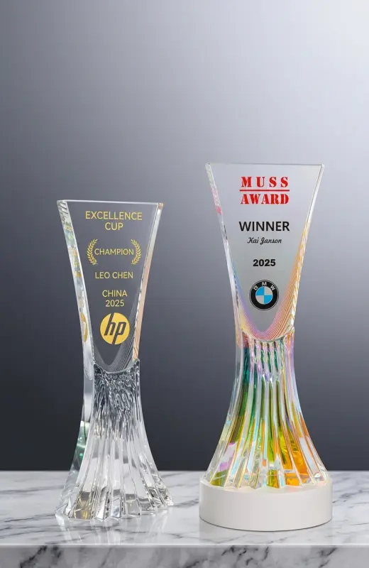 zenith flare crystal trophy can be uv printed, sandblasted and gold infill.