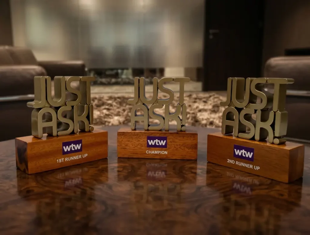 just ask 3d print trophy. 10 cm height x 15cm width. small size but looks premium.