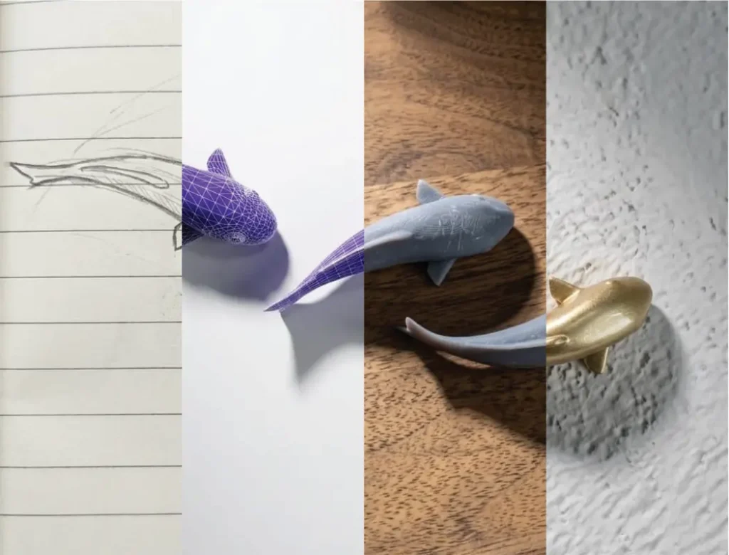 koi fish wall decor 3d print show you the process of sketch, to 3d model, to 3d print to final finishing.