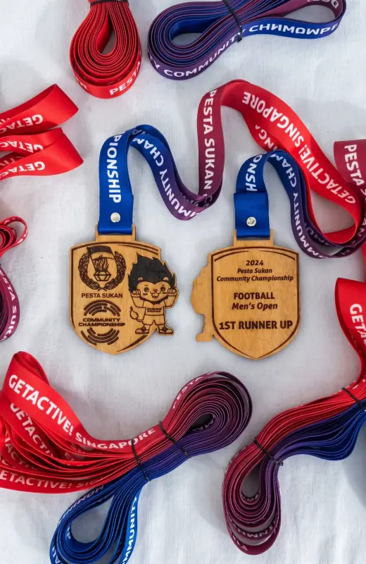 pekan sukan 2024 medal for football men's event. Our wood is sourced from sustainable mahogany plantation.