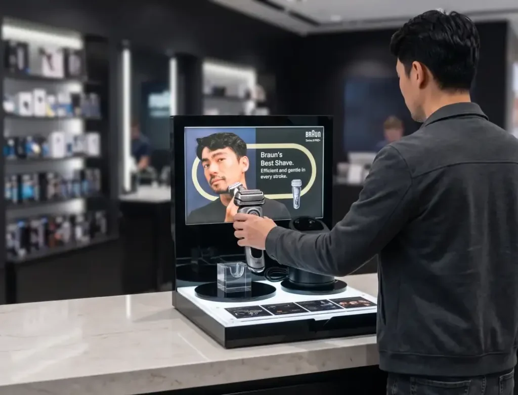 acrylic braun counter display unit design to be sturdy and sleek to represent the branding.