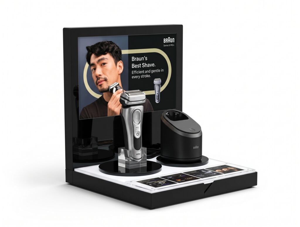 acrylic braun counter display unit. Sleek, ease to repair and modular design.