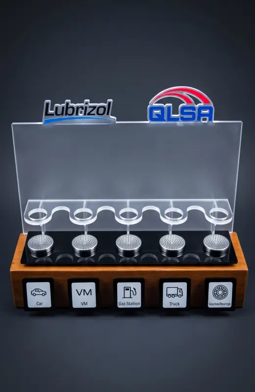 acrylic lubrizol display rack in a direct top view. 