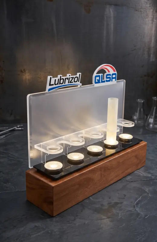 acrylic lubrizol display rack comes with premium wood base that elevate the aesthetic of this display unit.