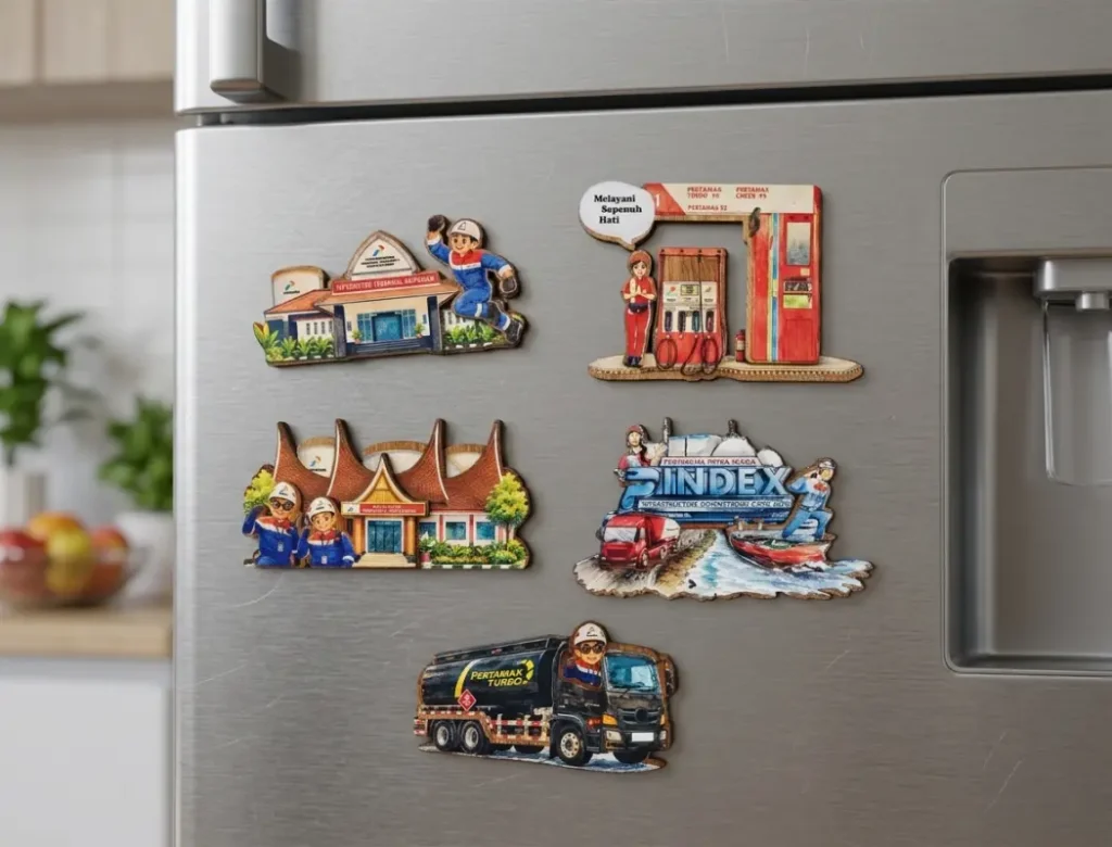 wood pertamina layered magnet in 5 distinct designs. 1 week production.