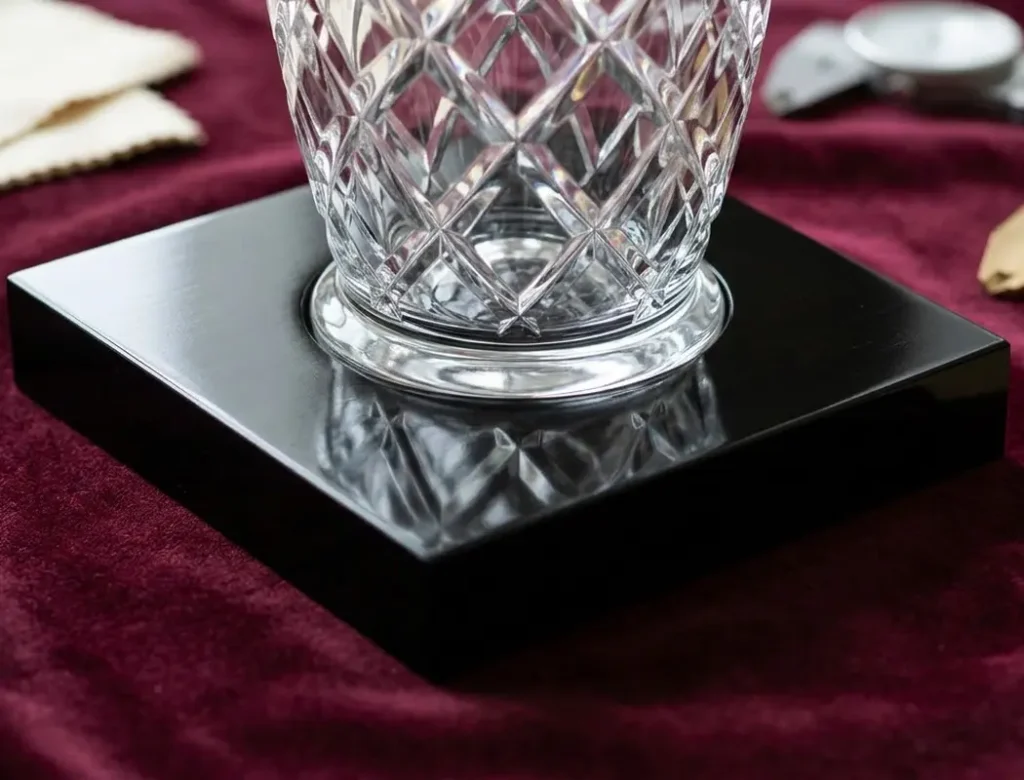 thin wood base with a blind hole in middle is suitable to attached crystal facetted trophy or display.