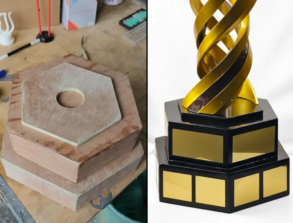 we show you raw image of before and after for the hexagon wood base we made.