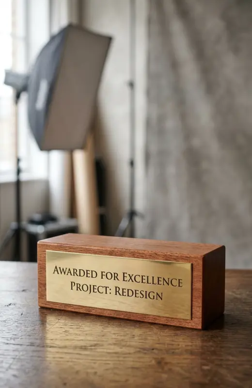 rectangular shape wood base for modern and sleek design. We can also laser engrave on stainless steel nameplate