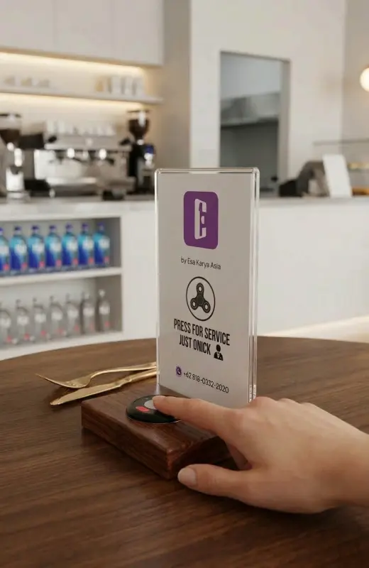 acrylic tabletop standee with a hand pressing. The bell can be remove to change battery. Suitable for promotion and menu