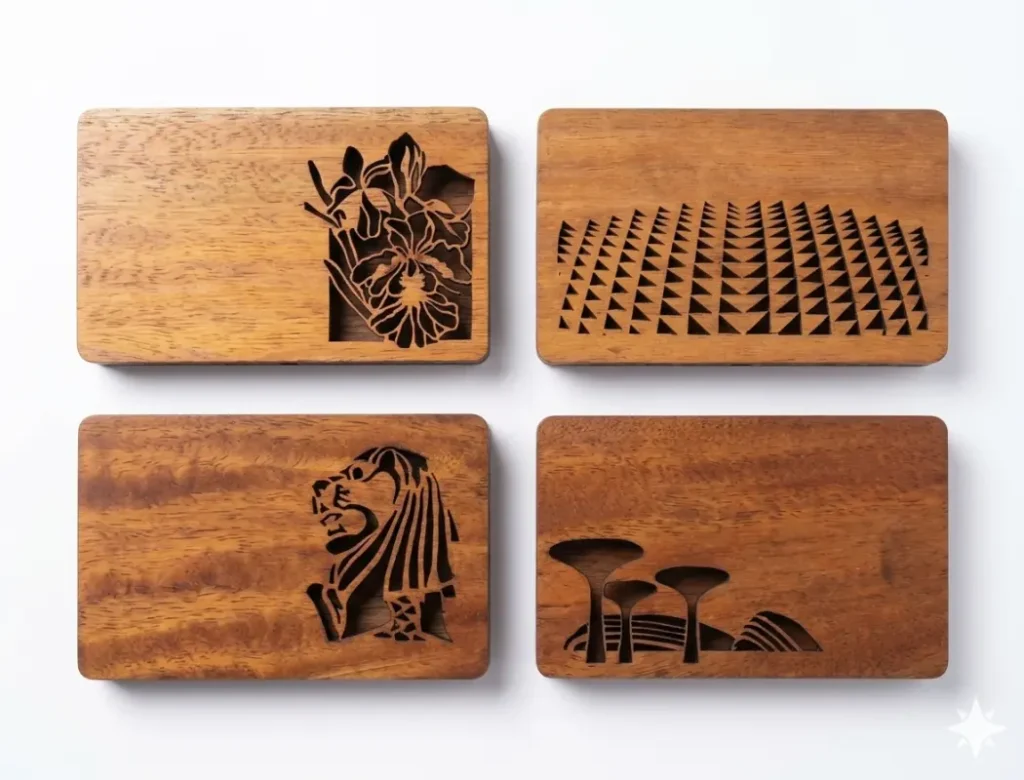 wood card holders featuring 4 theme of Singapore. Merlion, Vanda Miss Joaquim orchid, Garden by the bay and Esplanade.