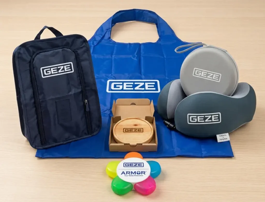 geze promotional products for exhibition. highlighter, coaster, neck pillow, shoe bag, foldable bag.
