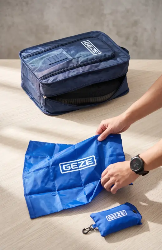 Foldable bag and shoe bag for Geze exhibition. We can provide custom logo service for stock item
