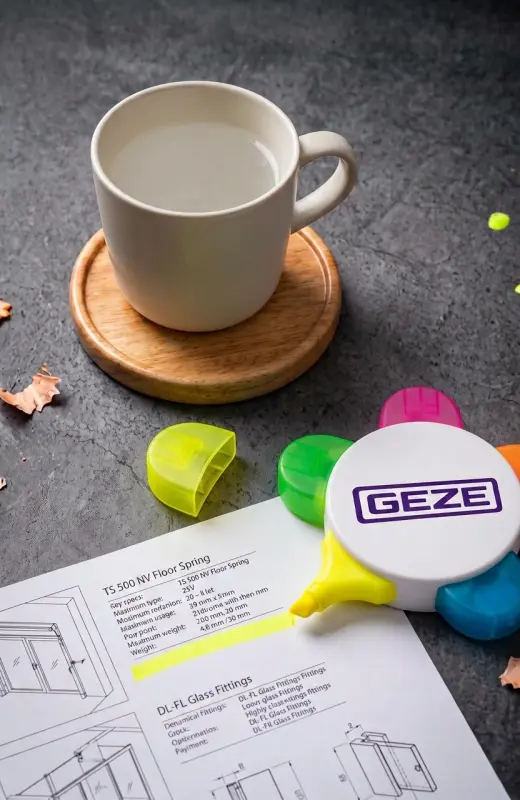 Highlighter and wood coaster for Geze exhibition