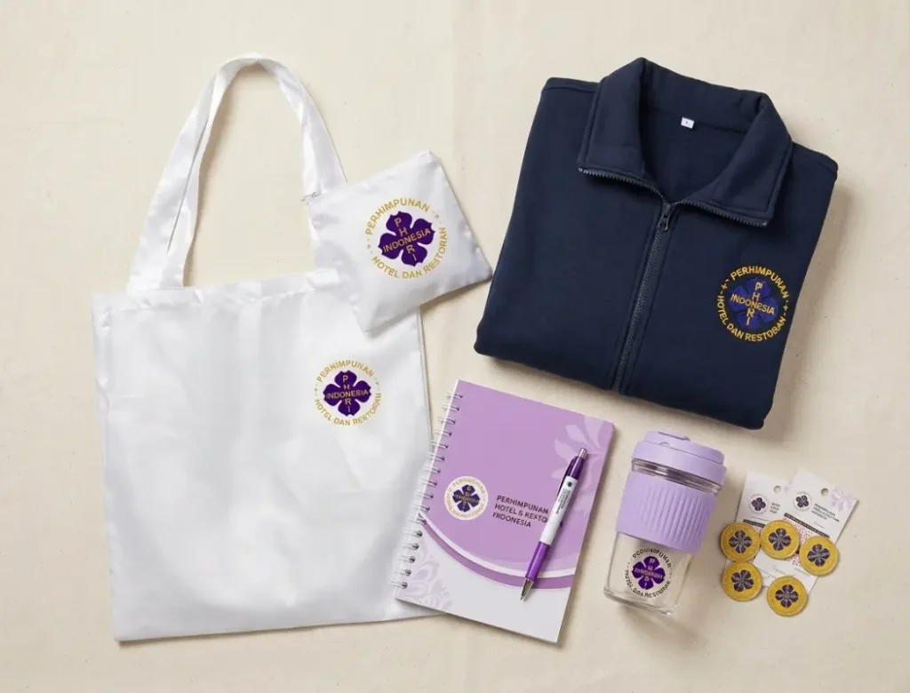 PHRI promotional merchandise include a windbreaker, notebook, foldable bag, pen and metal pin.